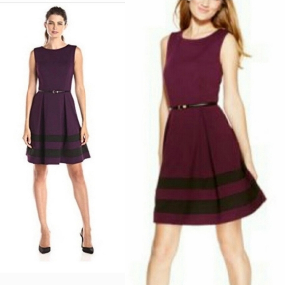 Calvin Klein Purple & Black Pleated Fit & Flare Dress Size 14 New With Tag - Picture 1 of 7